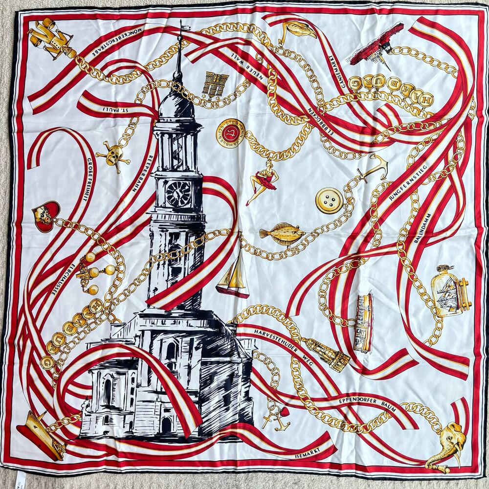 Silk scarf tourist souvenir red black white gold chain landmarks motif Europe